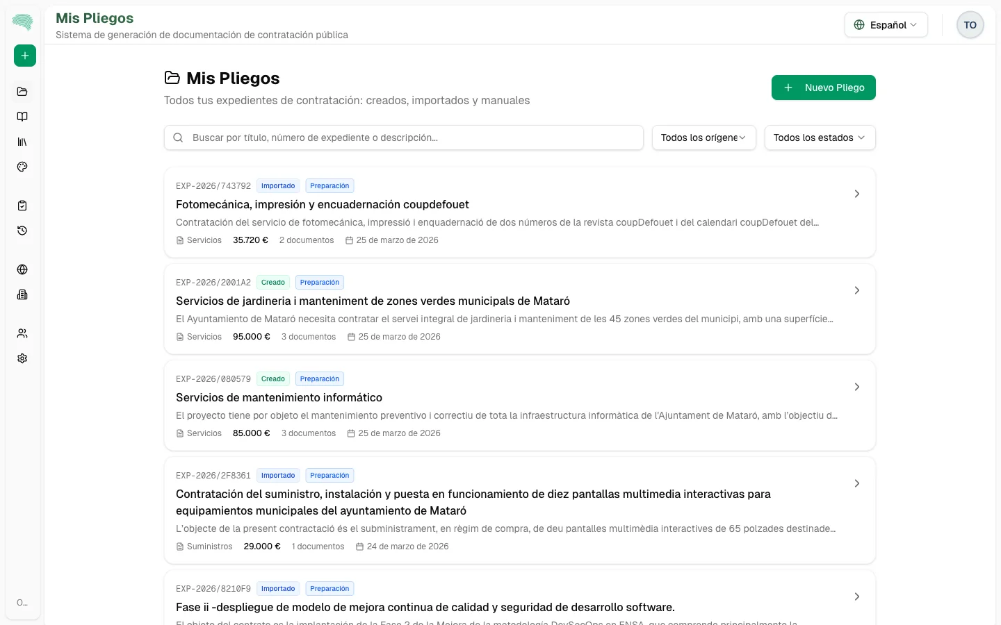 Gestión de pliegos